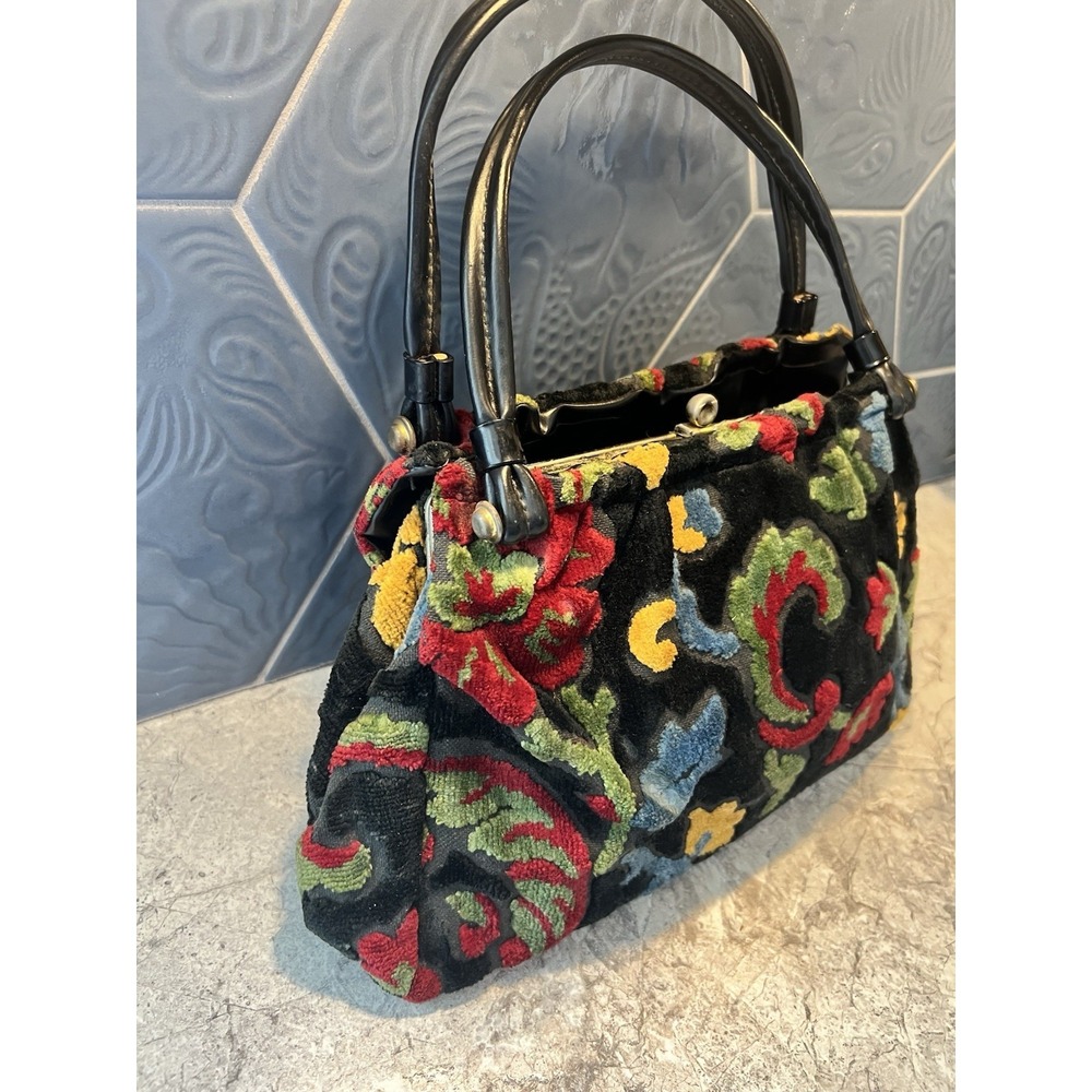 Vintage Floral Chenille Handbag Black Tapestry Carpet Bag Purse Double Handle - Picture 3 of 16